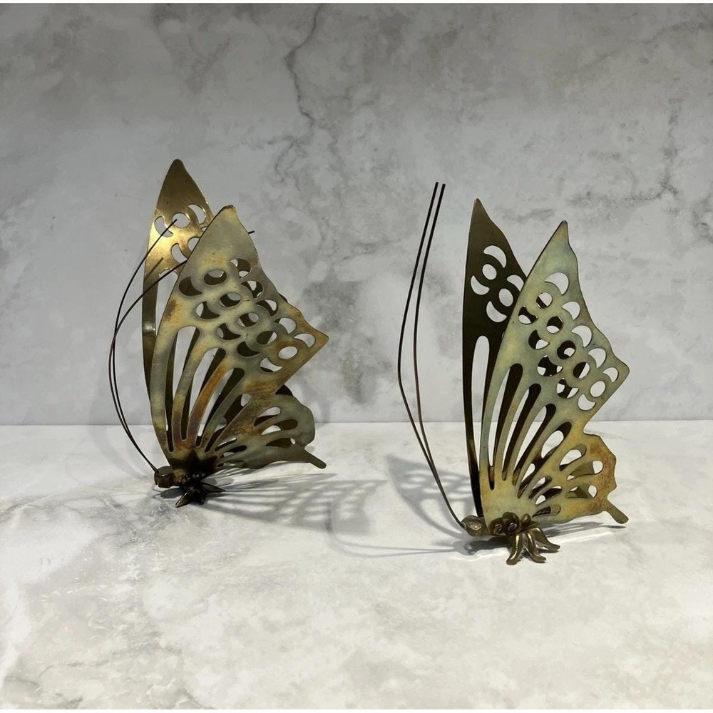 Vtg MCM Brass Metal 3D Butterfly Wall Decor Standing Figurines-Set of 2